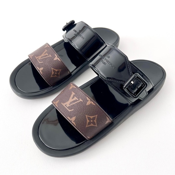 LOUIS VUITTON | Sunbath Slide LV Brown Monogram Logo Canvas Black Rubber EU 39 - Picture 2 of 10